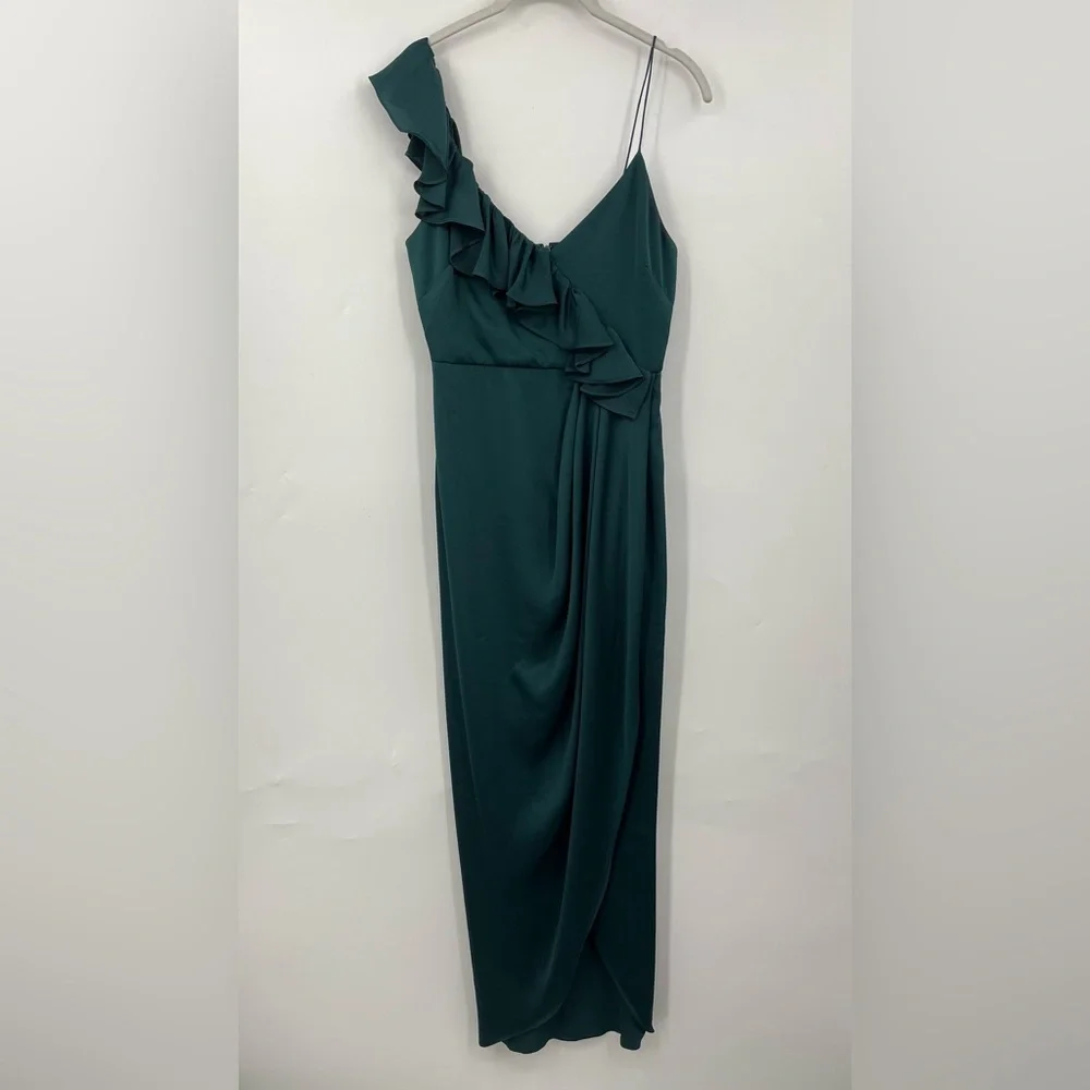 Shona Joy 4 ruffle midi dress 0232 emerald green zipper Asymmetrical
